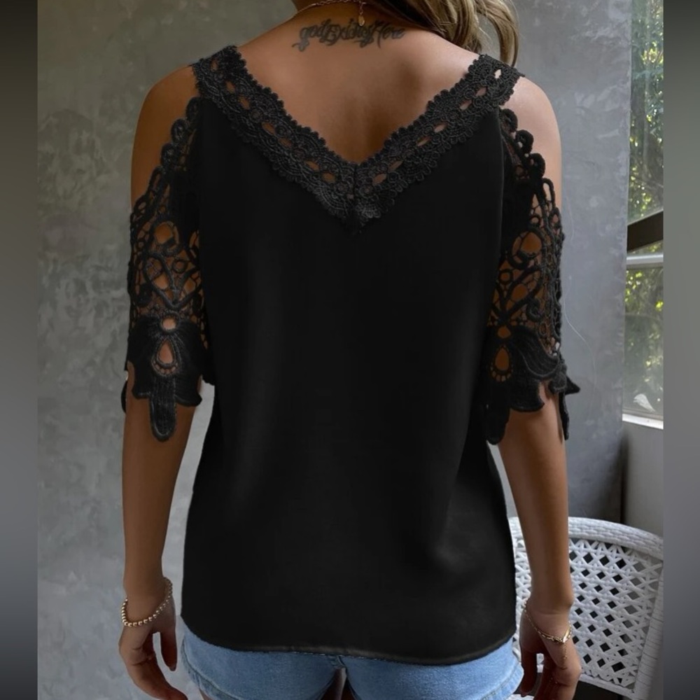Boho black lace cold shoulder top - Picture 3 of 7
